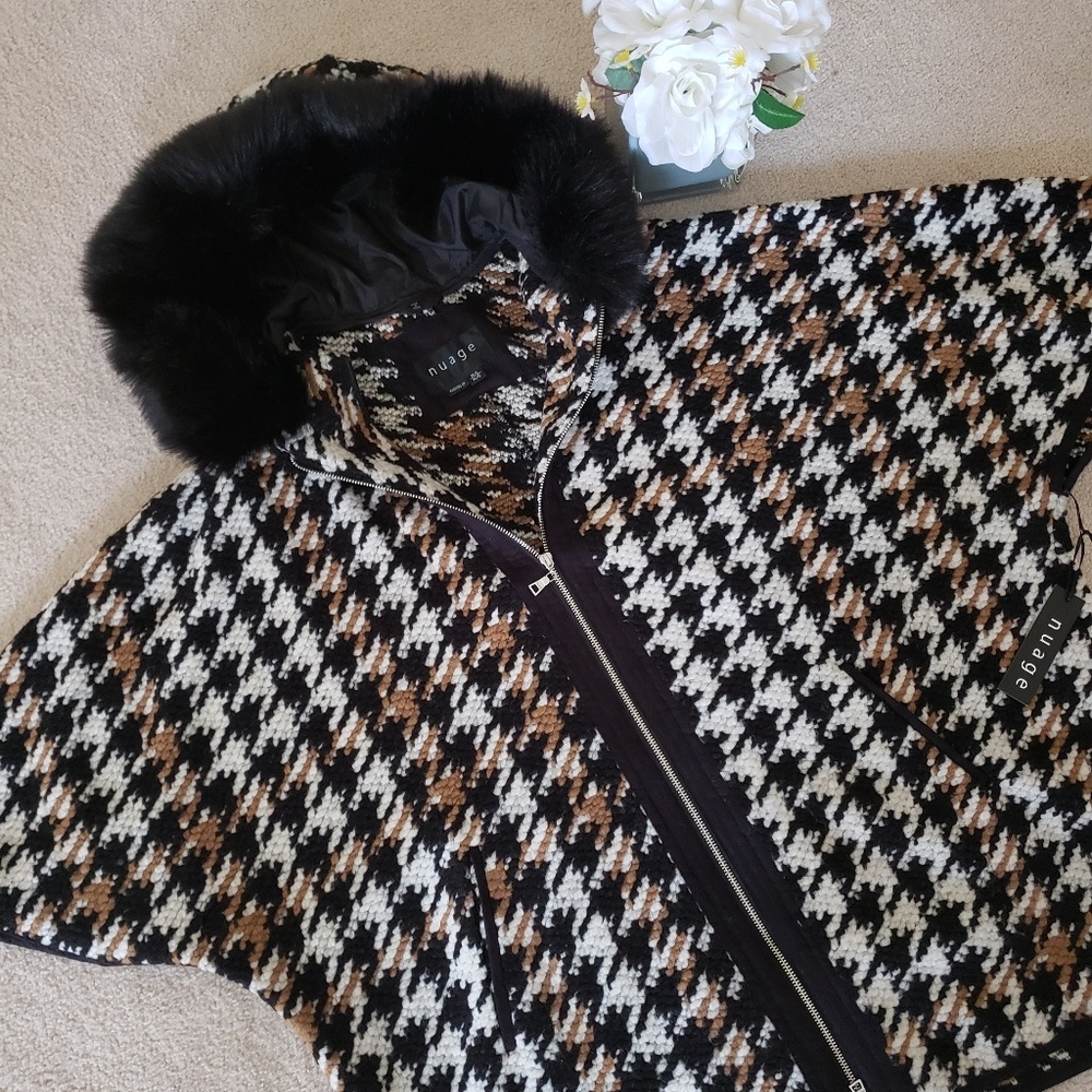 Women's black houndstooth wool blend cape